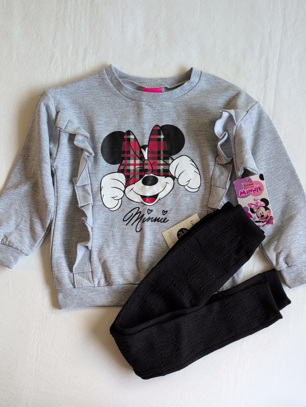 Disney NWT Girls Minnie Mouse Plaid Graphic Sweatshirt Cable Knit Leggings XS
